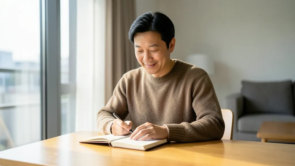책상에 앉아 메모를 보며 미녹시딜정 복용 기준을 확인하는 한국인 남성의 모습