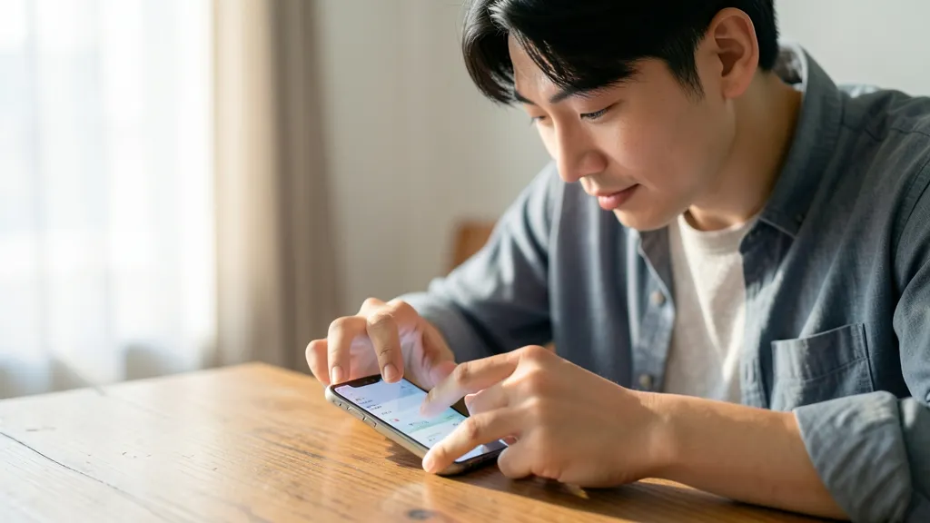 책상에 앉아 스마트폰으로 배송 내역을 확인하는 모습.