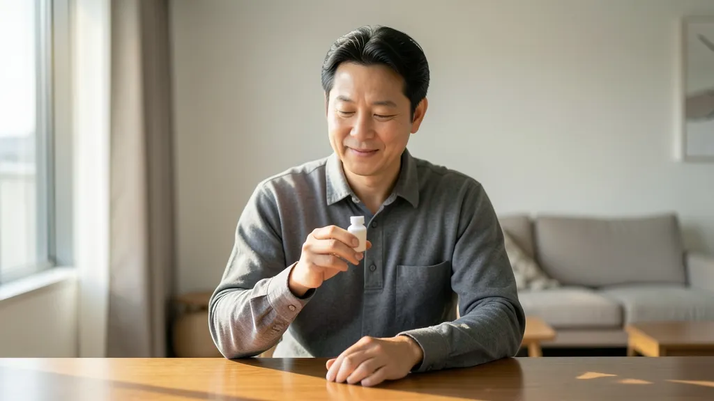 탁자에 앉아 하얀 약병을 들고 고민하는 40대 한국 남성의 상반신 모습
