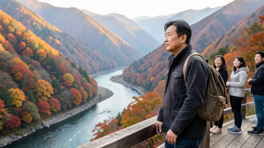 가을 산과 강이 내려다보이는 전망대에서 풍경을 감상하는 40대 한국인 남성