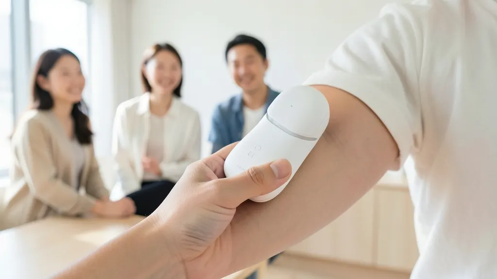 가정용 뷰티 디바이스를 팔뚝 피부에 밀착시켜 사용하는 모습