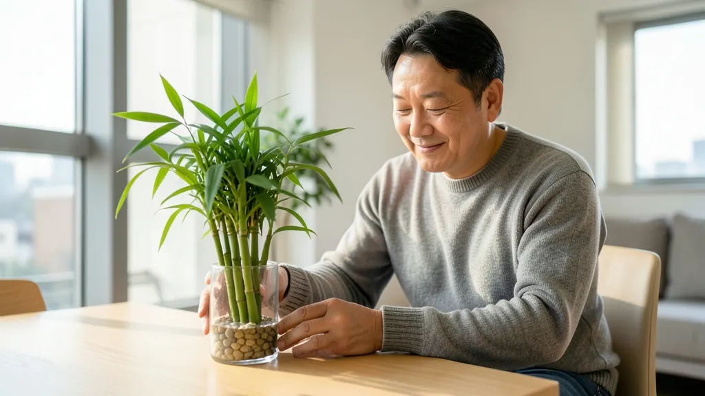 실내에서 개운죽 화분을 살펴보는 40대 한국 남성의 모습.
