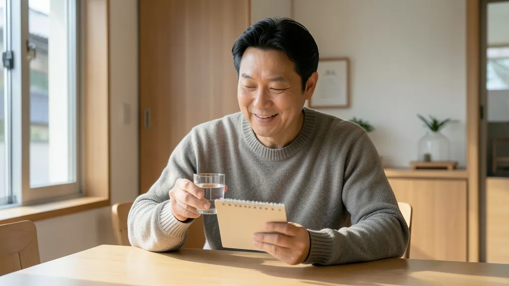 달력과 물잔을 두고 차분하게 복용 일정을 확인하는 40대 한국 남성의 상반신 모습