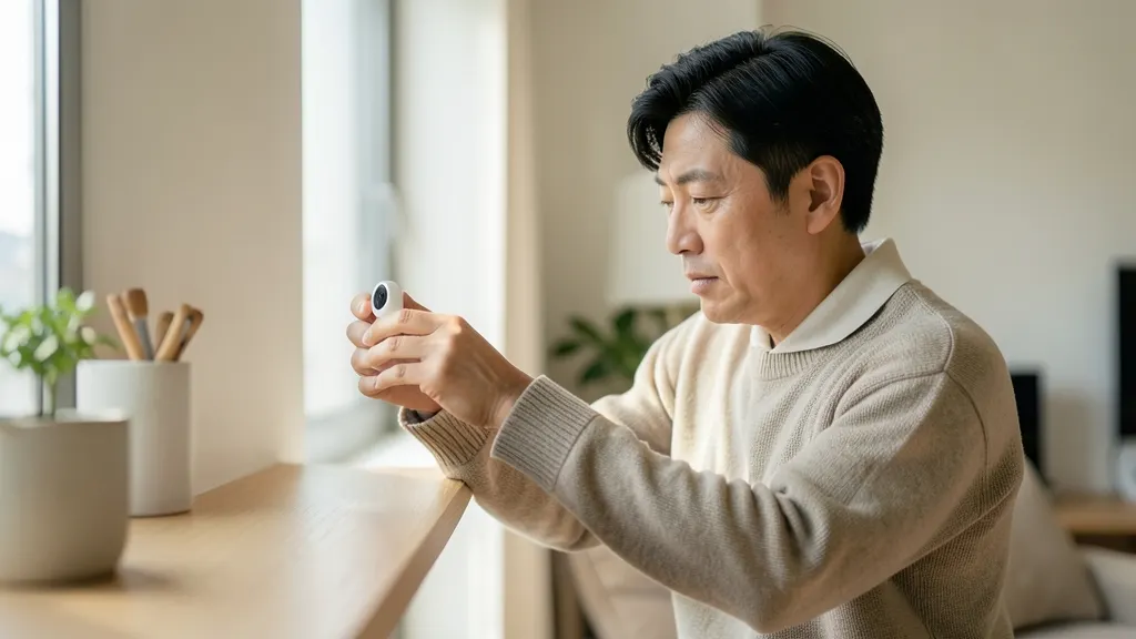 거실 선반 위에 스마트 홈카메라를 설치하며 위치를 확인하는 40대 한국인 남성의 상반신