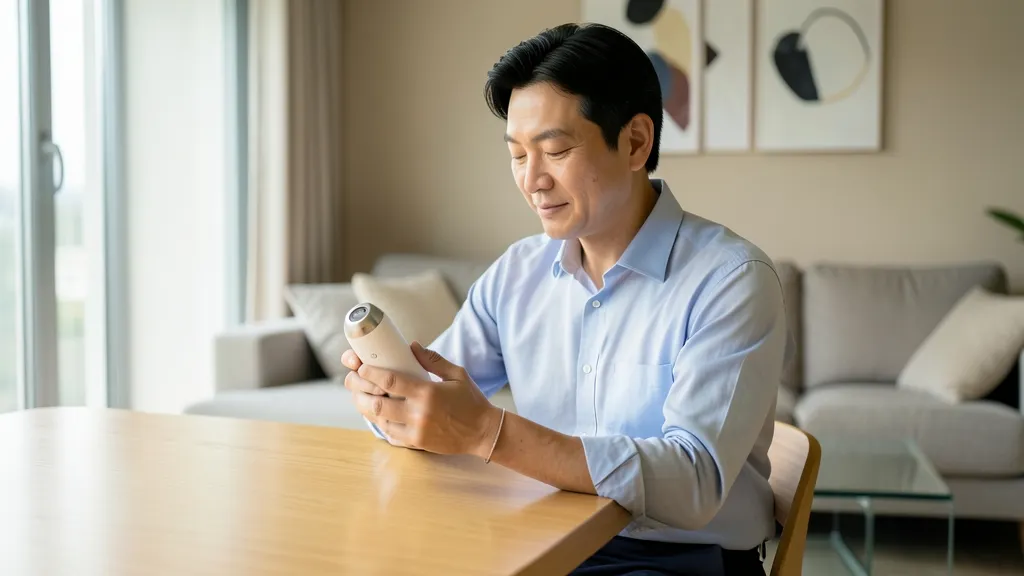 40대 한국인 남성이 거실에서 가정용 뷰티 디바이스를 들고 있는 모습