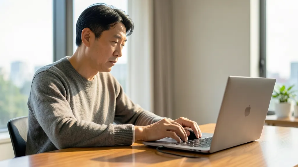 책상 앞에 앉아 유선 컴퓨터 마우스를 살펴보고 있는 40대 한국인 남성의 모습.