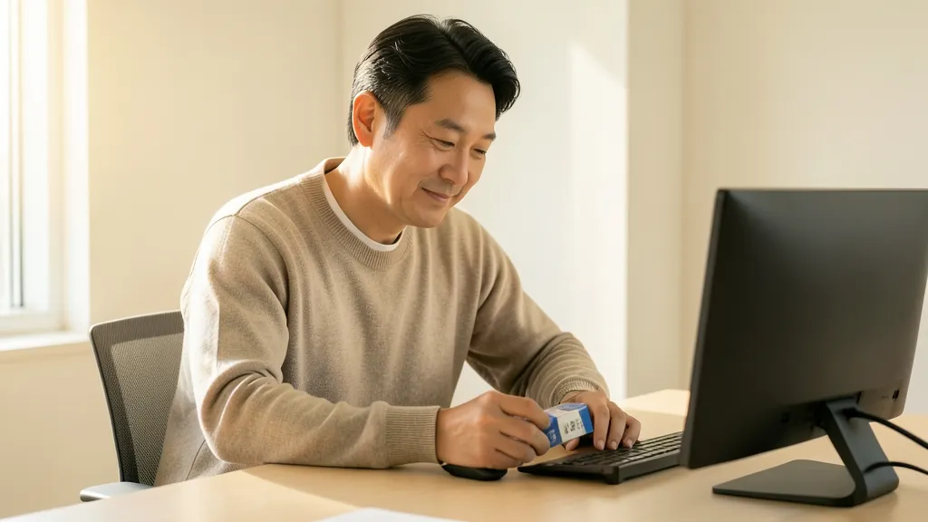 책상 위에서 마우스와 포장 상태를 꼼꼼히 확인하고 있는 한국인 남성의 모습.