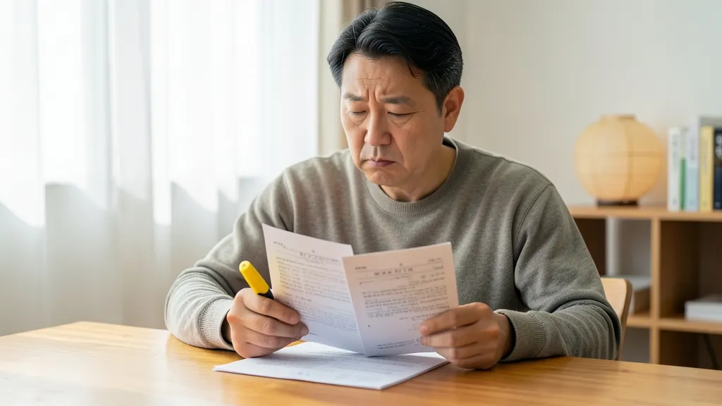 형광펜을 들고 입시 자료를 꼼꼼히 대조하는 한국인 남성의 모습