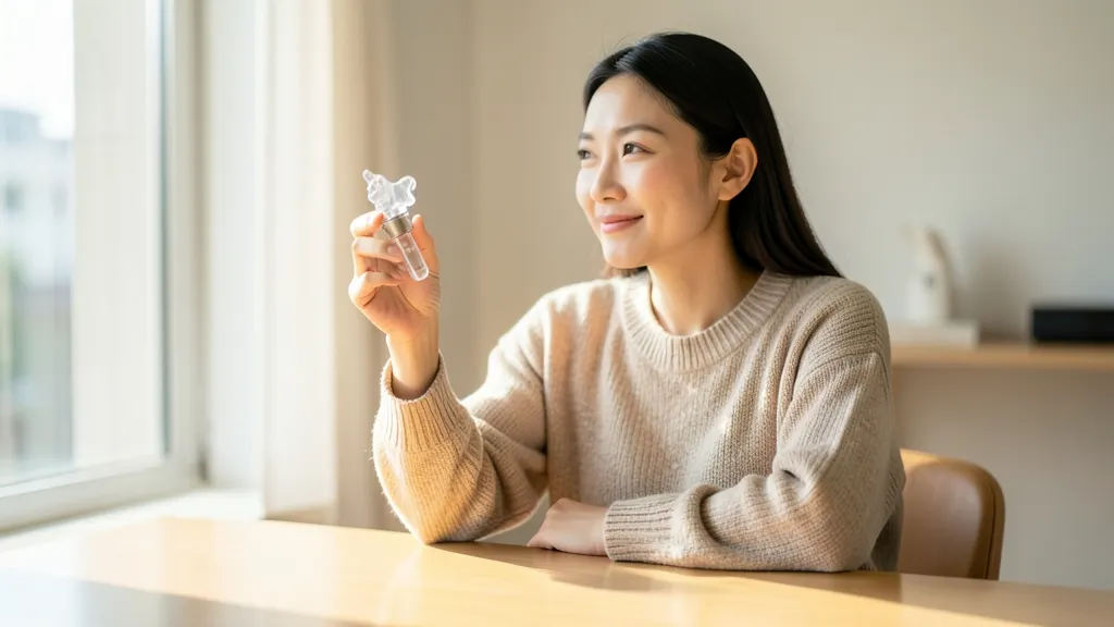 밝은 실내에서 손가락으로 동물 훈련용 클리커를 누르는 한국인 여성의 상반신 모습.