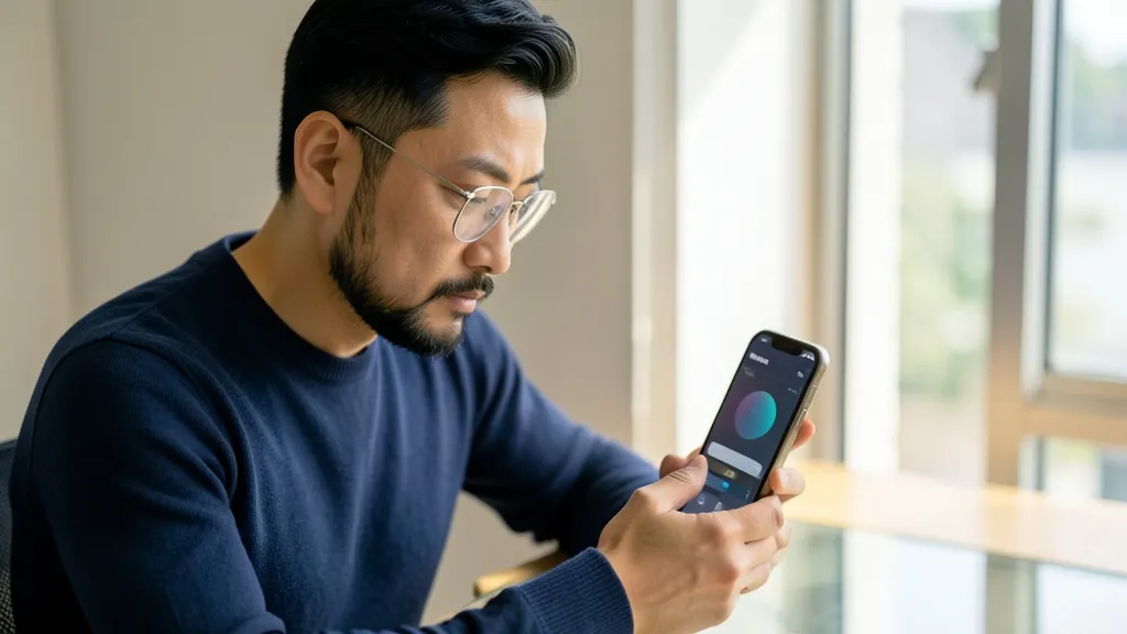 실내 책상에 앉아 스마트폰에 설치된 자동 클릭 도구 화면을 진지하게 바라보는 한국인 남성의 모습.