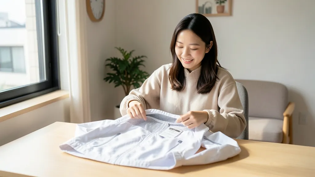 밝은 실내에서 바람막이 안감의 메쉬 소재와 마감 상태를 주의 깊게 확인하는 30대 한국 여성의 상반신