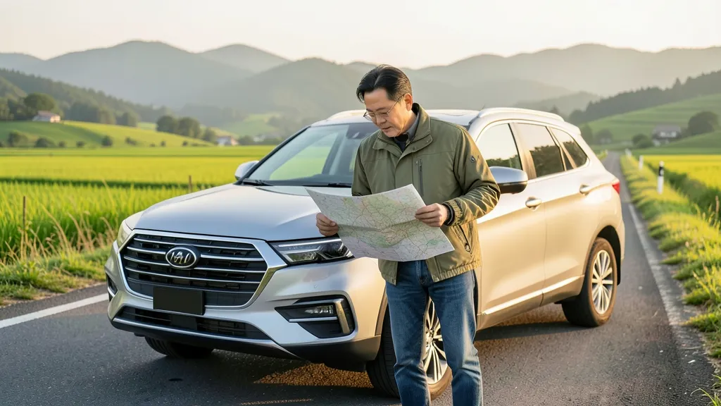 연천 국도변에 세워진 SUV 차량 옆에서 지도를 보며 경로를 확인하는 40대 한국인 남성의 모습