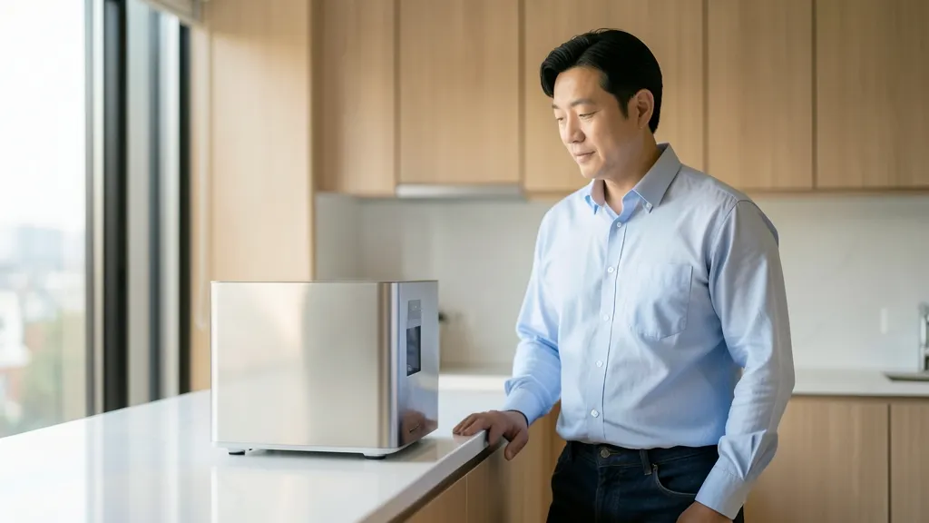 현대식 주방 조리대 앞에서 주방 용품을 바라보는 한국인 남성의 상반신 모습.