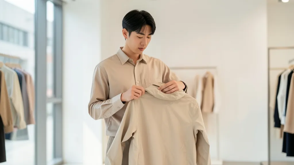 매장 안에서 바람막이 겉감의 두꺼운 짜임을 손으로 만져보며 확인하는 30대 한국 남성의 상반신