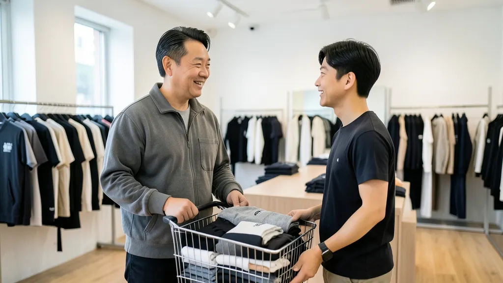 매장 카운터 앞에서 직원과 대화하는 모습