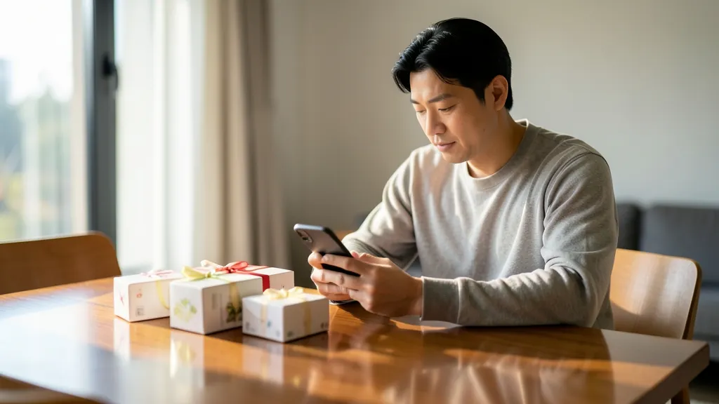거실 식탁에서 스마트폰을 보며 선물세트 구성을 비교하는 40대 한국인 남성의 모습