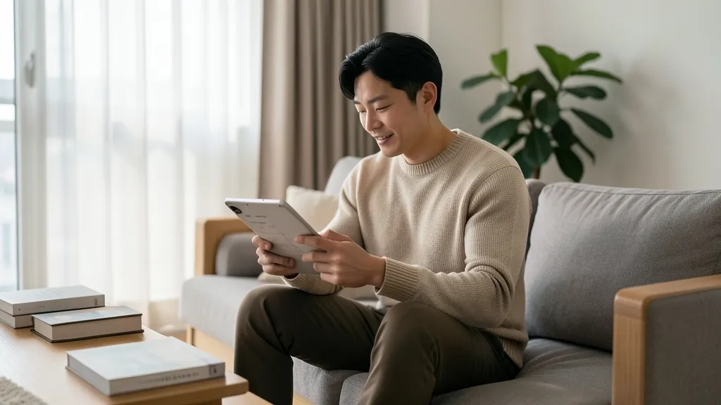 태블릿으로 쇼핑 계획을 확인하고 있는 한국 남성
