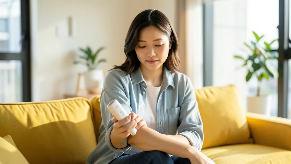 거실 소파에 앉아 가정용 레이저 제모기로 팔을 관리하는 30대 한국 여성