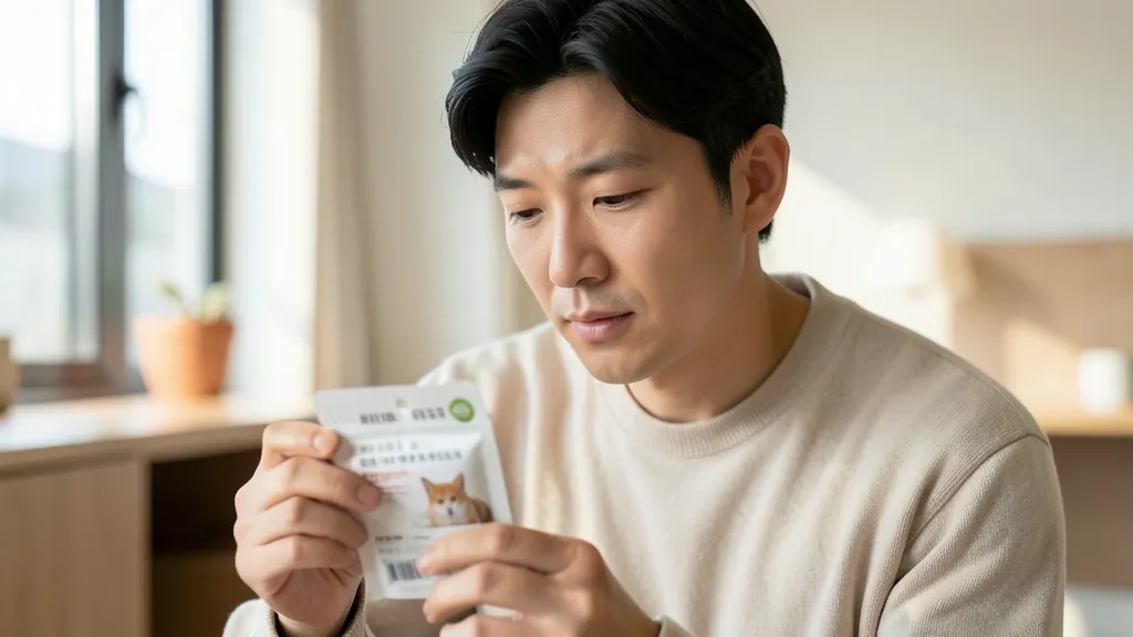 제품의 라벨과 정보를 주의 깊게 읽고 있는 한국 남성의 모습.