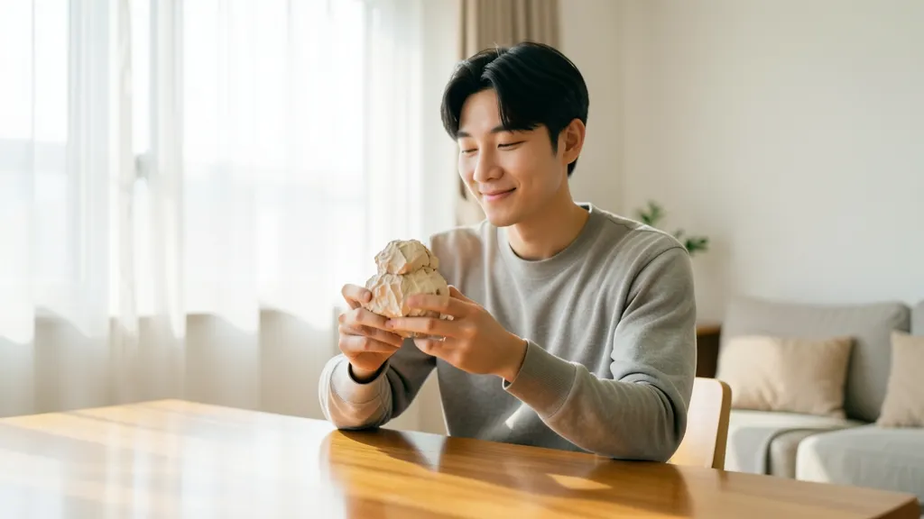 밝은 실내에서 종이 스퀴시 장난감을 손으로 누르고 있는 한국인 남성의 모습