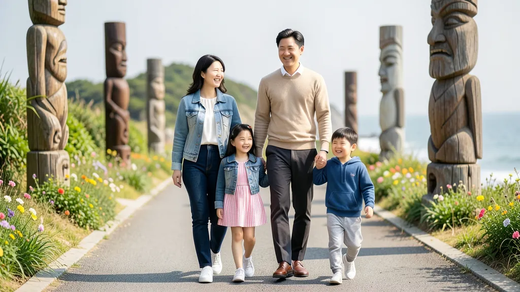 야외 조각 공원의 예술 작품 사이를 걸으며 산책하는 가족의 모습.