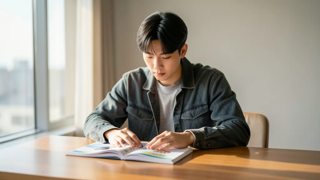 책상에 앉아 대학교 입시 자료를 살펴보는 한국인 학생의 모습