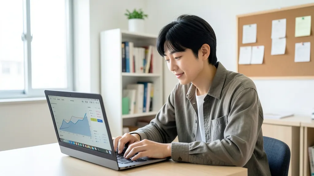노트북 화면의 입시 자료와 그래프를 분석하는 한국인 학생의 모습