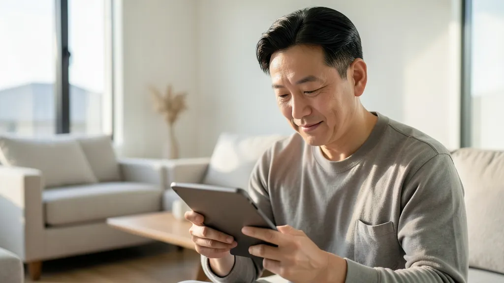 태블릿 PC 화면을 보며 재정 상황을 계산하는 40대 한국 남성의 모습
