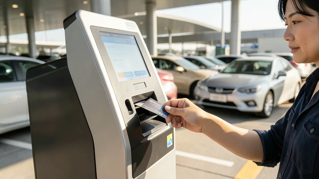 인천공항 주차장 무인정산기에 신용카드를 대고 결제를 시도하는 장면