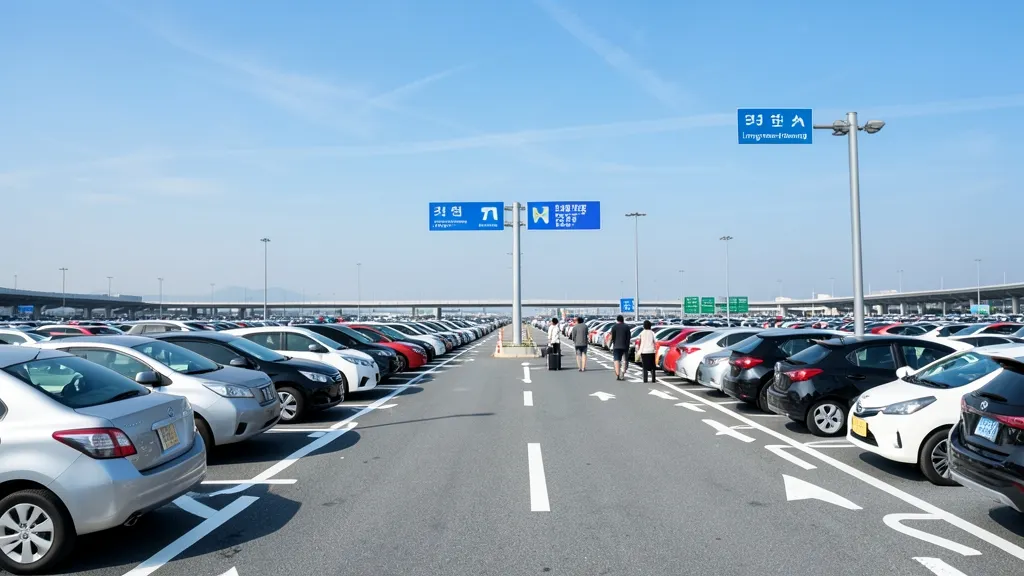 인천공항 제2터미널 장기주차장에 주차된 차량들과 주차장 안내 표지판