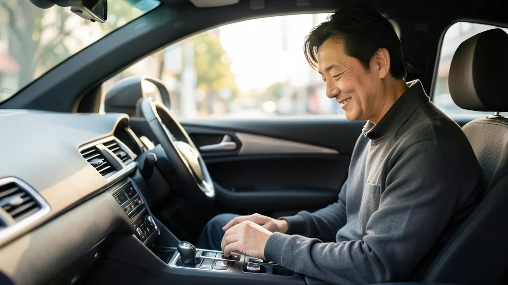 현대적인 SUV 실내 대시보드를 차분하게 바라보는 40대 한국인 남성의 모습.