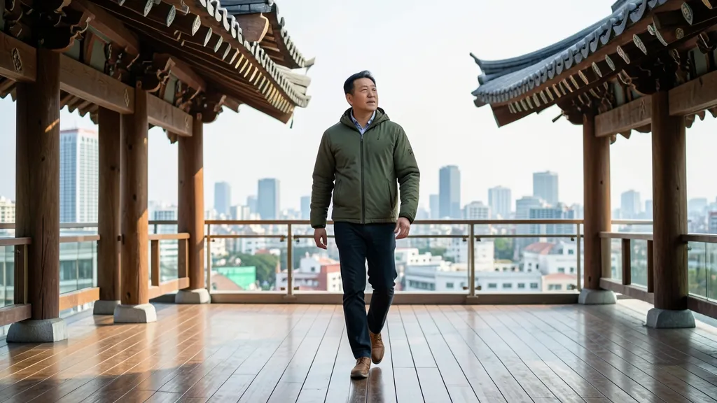 서울의 전통 가옥 지붕과 현대 빌딩이 어우러진 야외 옥상 전망대의 전경.