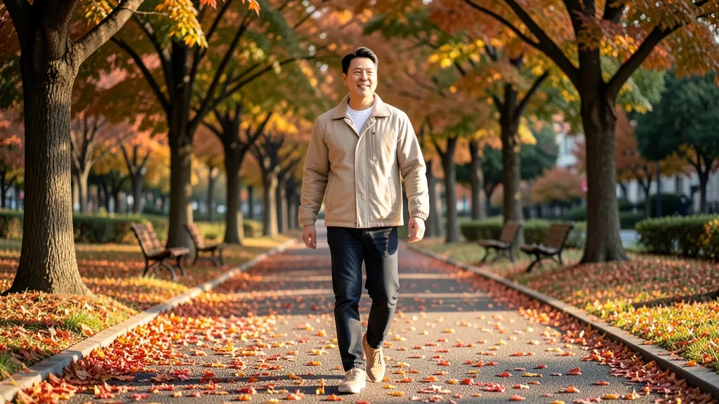 단풍이 든 공원 산책로를 가벼운 재킷 차림으로 빠르게 걷는 40대 남성
