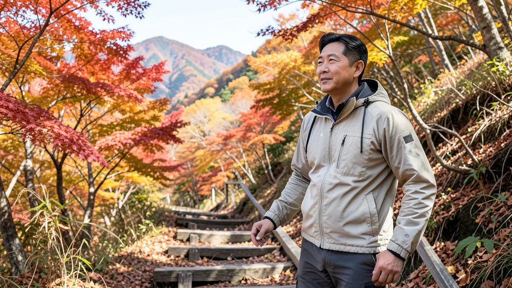 단풍이 든 산길의 나무 계단을 천천히 걸어 내려가는 40대 남성