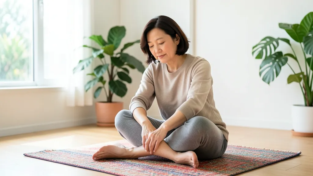 거실 매트에 앉아 다리를 접고 천천히 몸을 푸는 40대 한국 여성