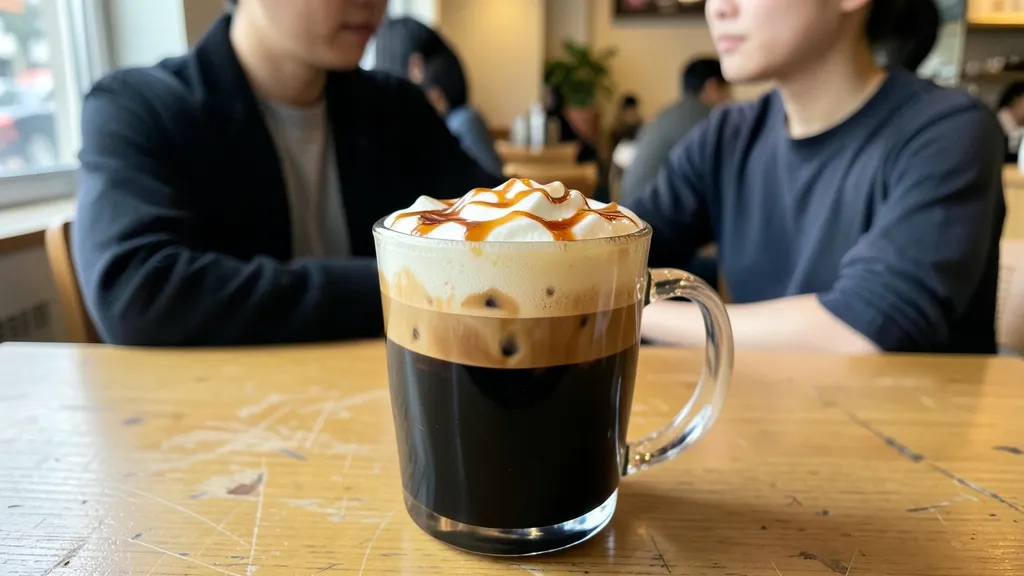 유리잔에 담긴 블랙 글레이즈드 라떼와 부드러운 글레이즈드 폼, 캐러멜 드리즐의 모습.