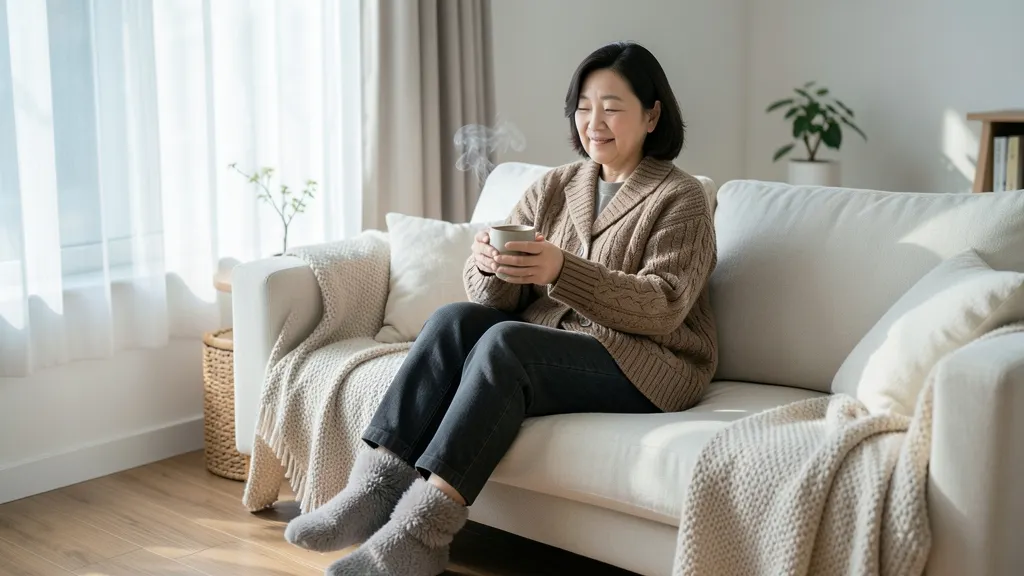 햇살이 드는 거실 소파에서 두툼한 양말을 신고 따뜻한 찻잔을 두 손으로 감싸 쥔 40대 여성