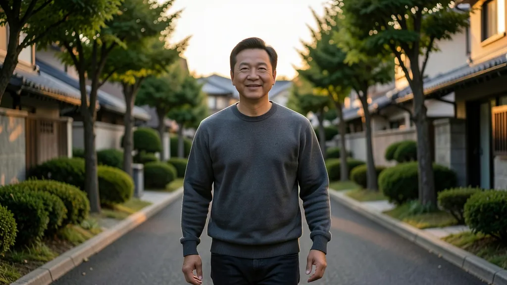 저녁 무렵 동네 길을 천천히 걷고 있는 40대 남성