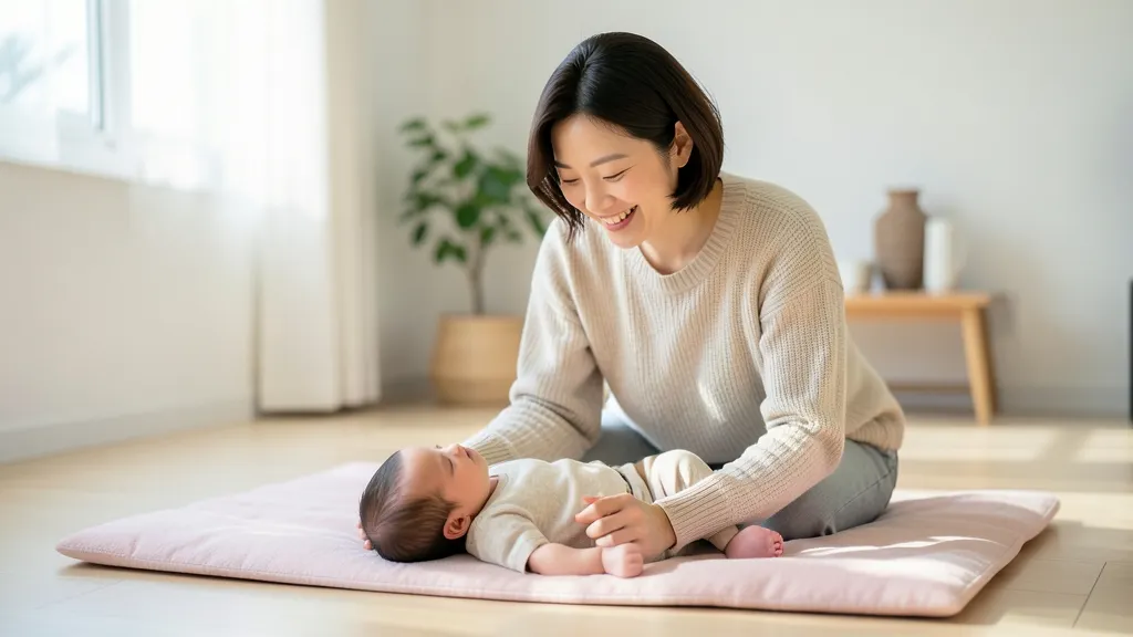 밝은 거실에서 아기를 바라보며 터미타임을 준비하는 한국인 어머니의 모습