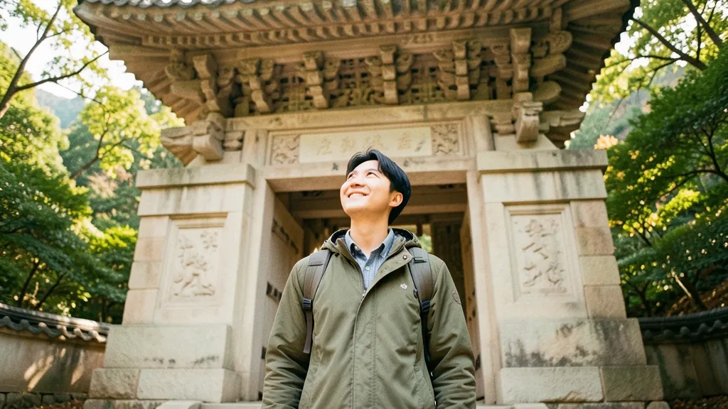 산악 지대 사찰 입구를 바라보는 한국인 남성의 모습.