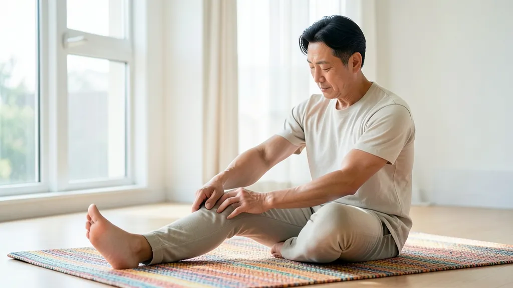 햇살이 드는 거실 바닥에 앉아 한쪽 다리를 펴고 허벅지 뒤를 늘이는 40대 남성