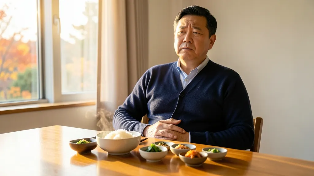 식탁에 앉아 식사 뒤 명치 아래에 손을 얹고 불편한 표정을 짓는 40대 남성