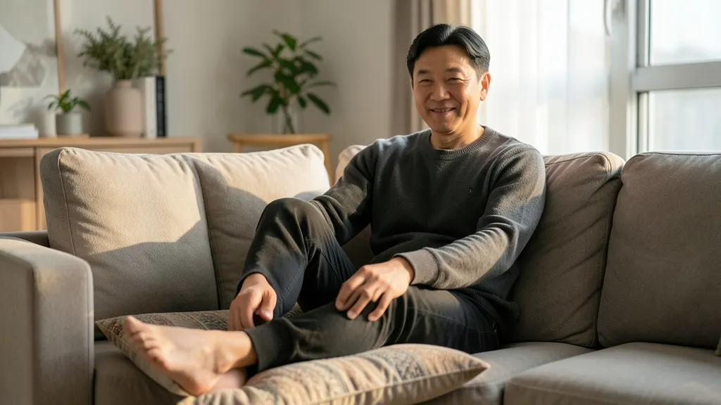 저녁 거실 소파에서 다리를 쿠션 위에 올리고 쉬는 40대 남성