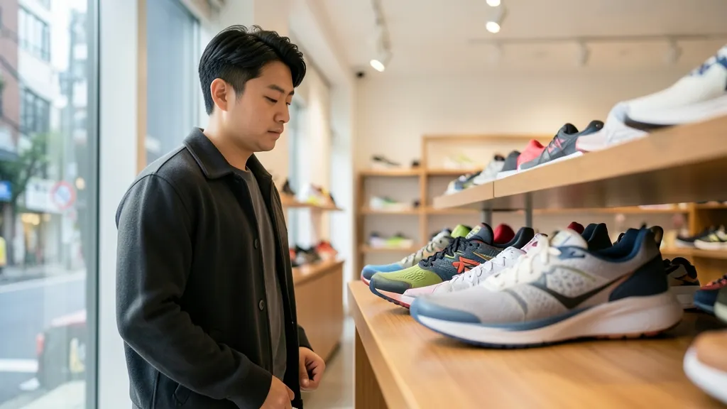 매장 진열대에 놓인 러닝화를 진지하게 바라보는 30대 한국인 남성의 모습