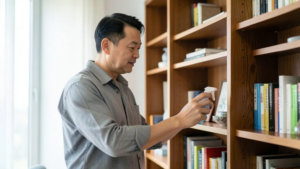 책장 틈새를 향해 스프레이를 뿌리고 있는 한국인 남성의 모습.
