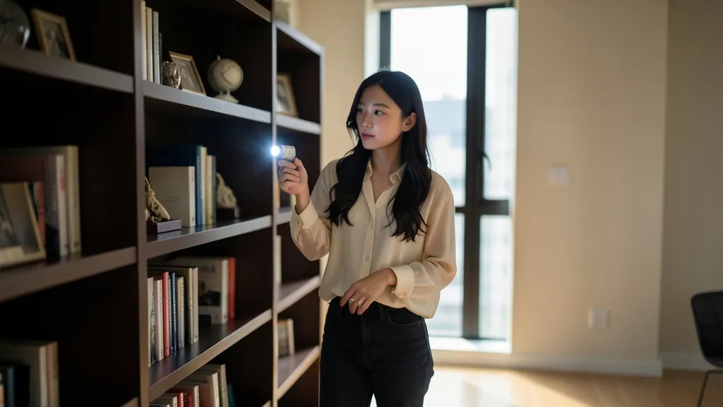 책장 뒤쪽을 살펴보고 있는 한국인 여성의 상반신 모습.