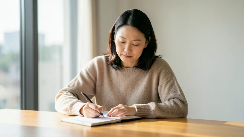 창가 원목 책상에 앉아 플래너에 기록을 남기는 40대 한국인 여성의 상반신 모습.