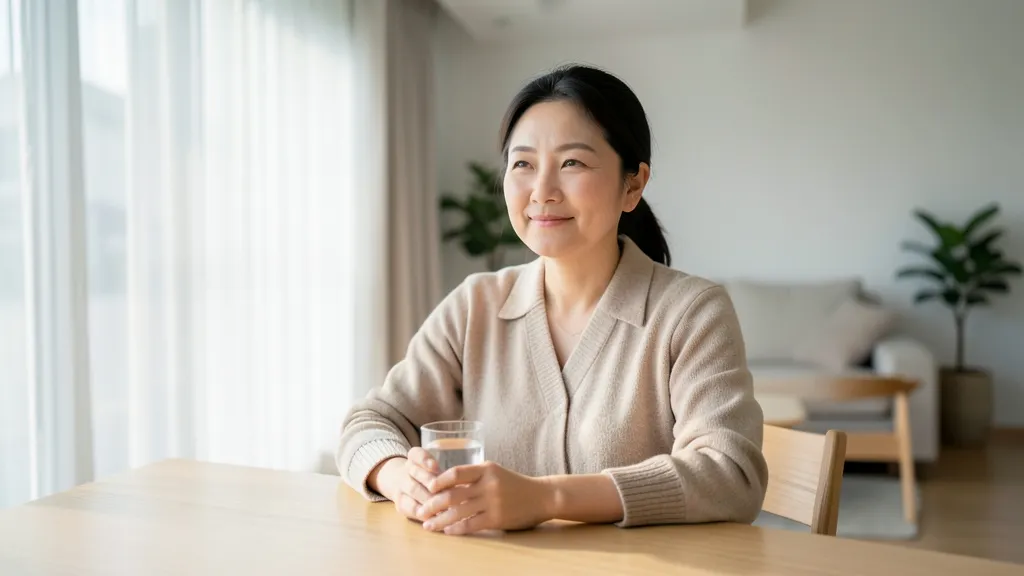 밝은 거실에서 물 한 잔을 들고 편안한 표정으로 앉아 있는 40대 한국인 여성의 모습.
