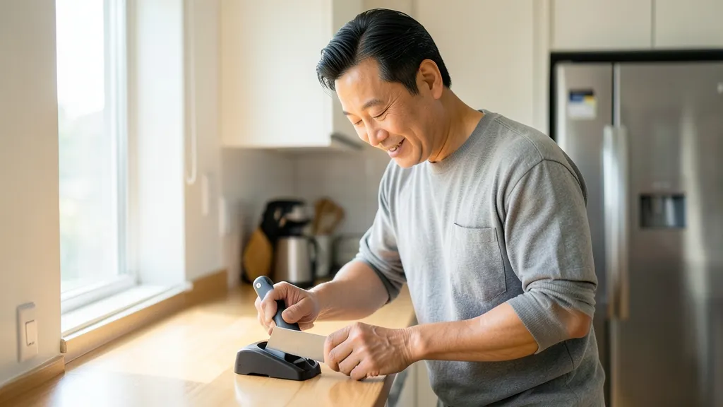 밝은 한국 아파트 주방에서 전동칼갈이를 사용하는 40대 한국 남성의 상반신 모습.