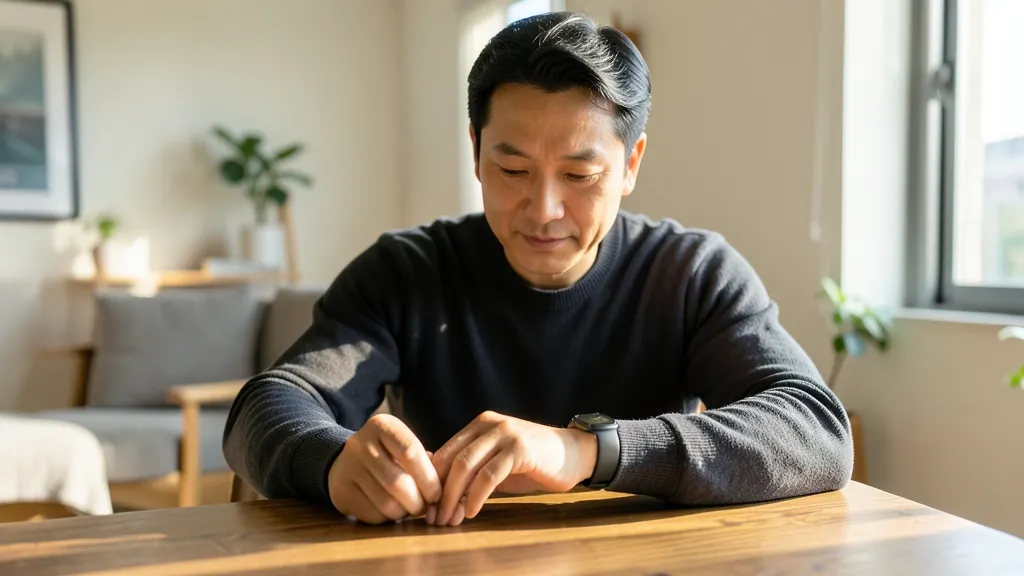 실내 테이블에서 스마트워치 설정을 확인하는 40대 한국 남성의 모습